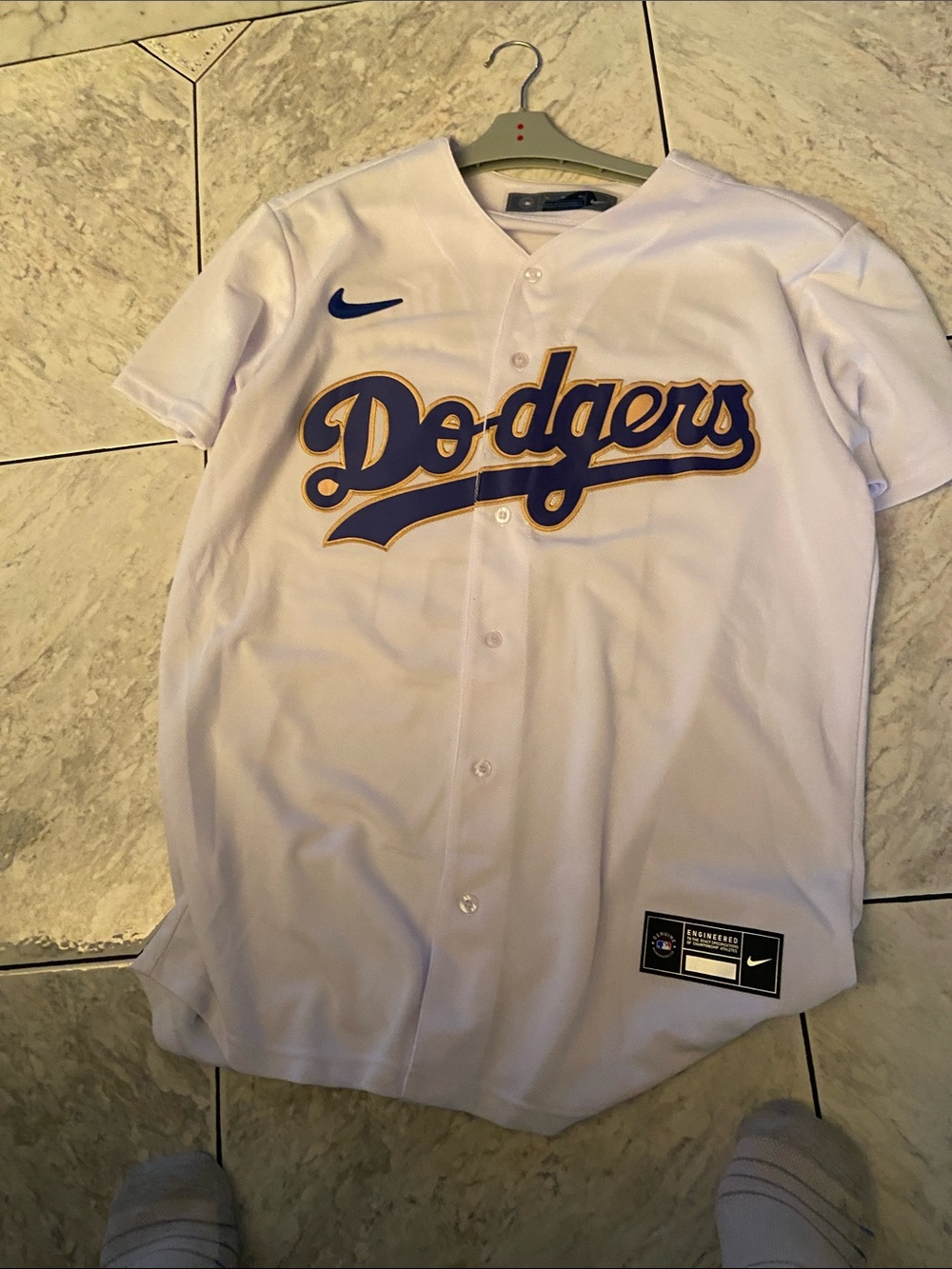 Nike White Dodgers Baseball Jersey with Blue and Gold Script - Picture 2 of 4